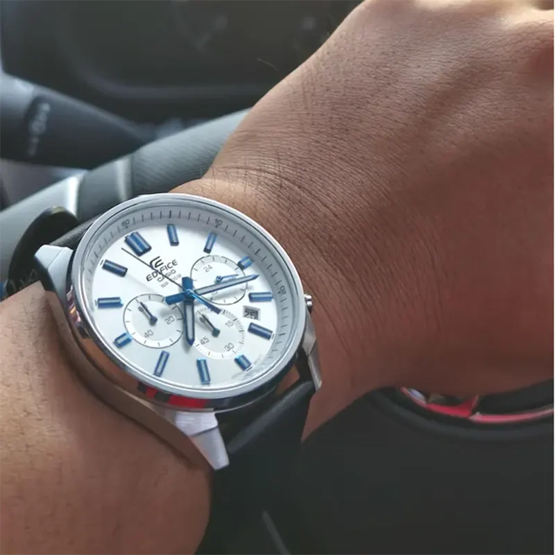 Casio Edifice Chronograph Silver Dial Leather Men's Watch- EFV-650L-7AV